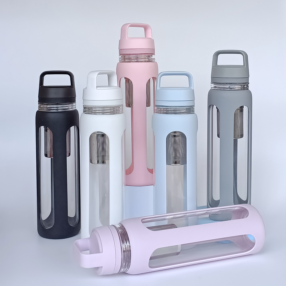 Wholesale hot sale Sport Portable Handle Glass Water Bottle with stainless steel infuser for tea fruit drinkware